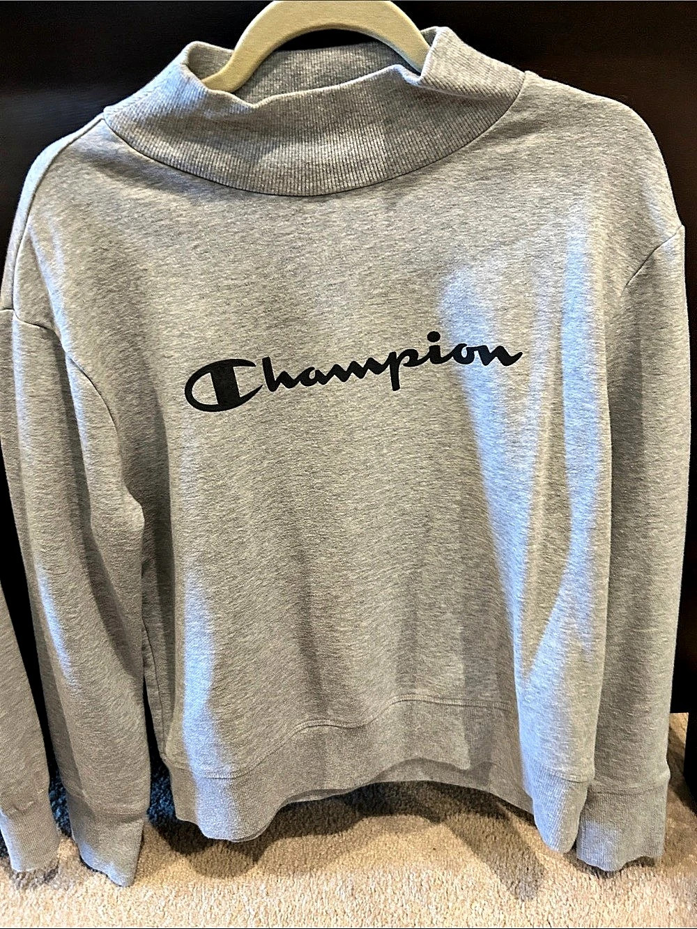 Champion Light Gray Mock Neck Sweatshirt with Black Script Logo Size Medium